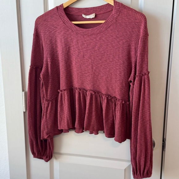 Altar’d State Burgundy Cropped Ruffle Long Sleeve Top Size Medium - Picture 2 of 5